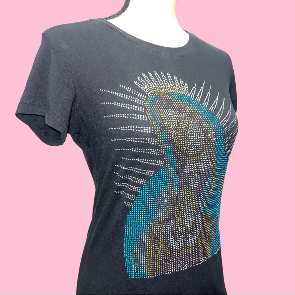 Vintage 90s Y2K Bejeweled Our Lady of Guadalupe Virgin Mary T-Shirt
